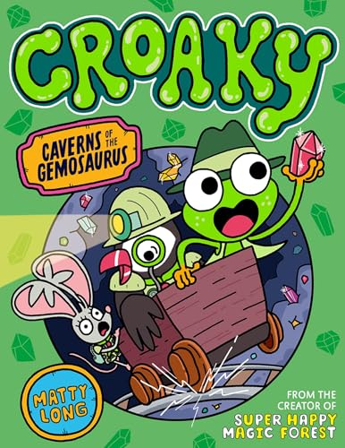 A frog, bird, and mouse ride a mine cart through a cavern with crystals.