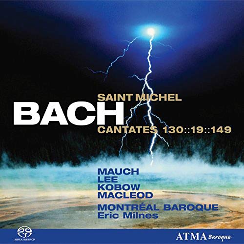 "CD cover with a dramatic lightning storm and 'Bach Cantatas' text."