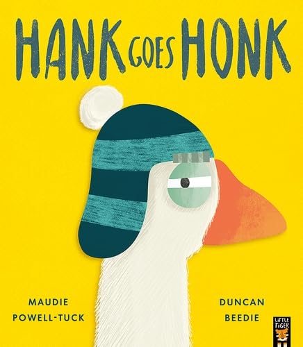 Book cover featuring a white goose wearing a blue striped hat on yellow background.