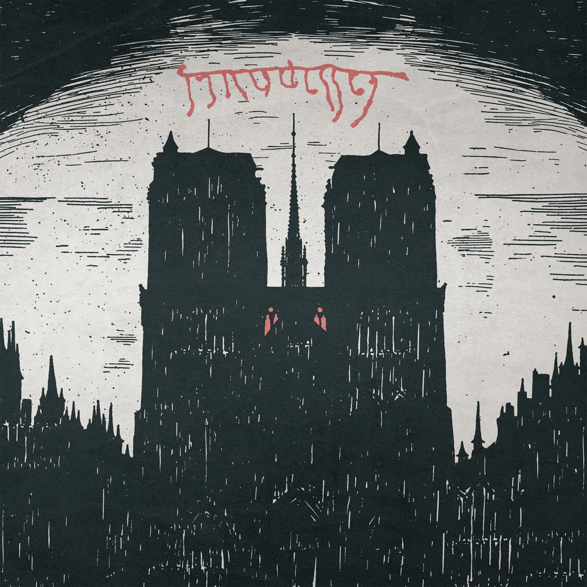 Black and white linework depicts Notre Dame cathedral with red accents.
