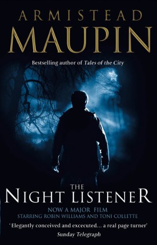 Book cover: dark, shadowy figure standing in a forest, titled "The Night Listener".