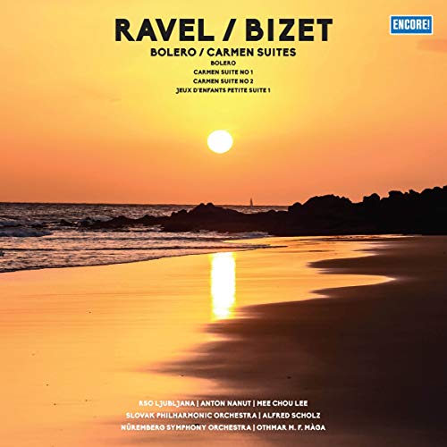 Vinyl record cover: Ravel & Bizet, sunset beach scene, orchestra details.