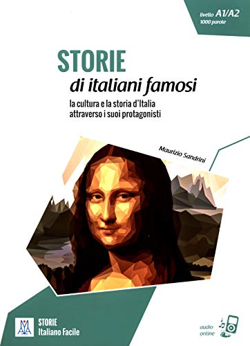 Book cover: “STORIE di italiani famosi” featuring the Mona Lisa.