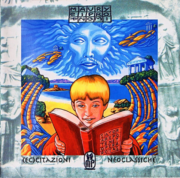 CD cover: boy reading a book with a face in the sky.