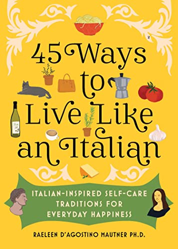 Yellow book cover with illustrations of Italian-themed objects and text.
