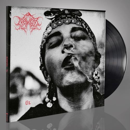 Vinyl record with black cover featuring a portrait of a person smoking.