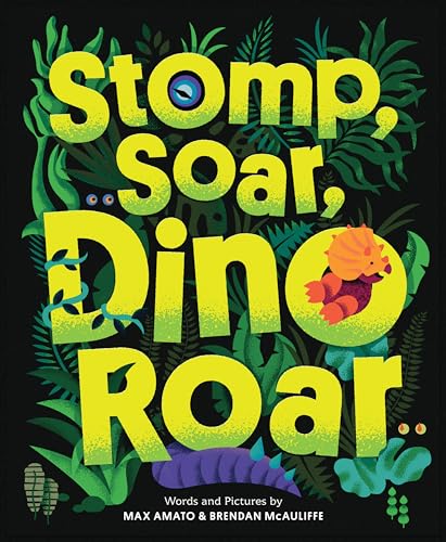 Book cover with bright yellow text, dinosaurs, and lush green foliage.