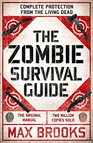 Book cover for The Zombie Survival Guide with weapons and targets on red background.