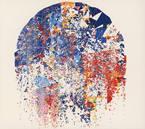 Abstract album cover with fragmented blue, red, and orange shapes.