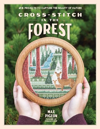 Book cover featuring cross-stitch designs of forest scenes and deer.