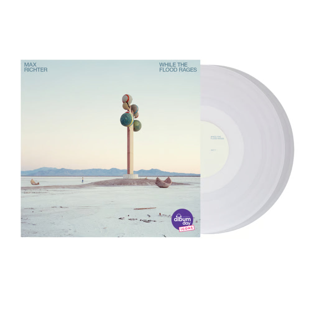 Clear vinyl LP of Max Richter’s “While The Flood Rages” with surreal cover art.
