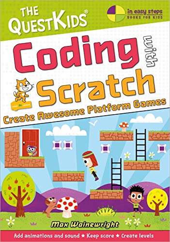 Book cover titled Coding with Scratch featuring cartoon characters and a platform game scene.