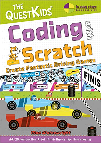 Book cover: “Coding with Scratch” featuring a racing game scene.