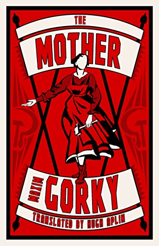 Red book cover with a silhouetted woman holding a hammer, “The Mother” by Gorky.