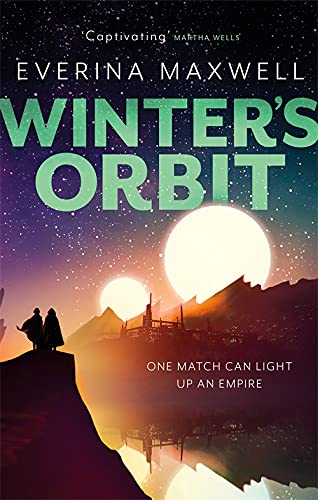 Book cover showing two silhouetted figures overlooking a futuristic city under two large moons.