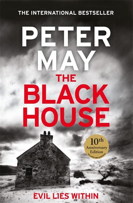 Book cover for The Blackhouse by Peter May featuring a stone cottage under clouds.