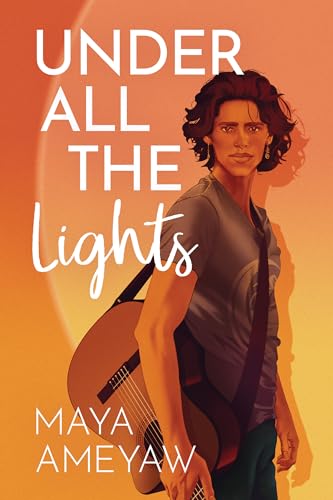 Book cover: portrait of a young woman with a guitar, orange background.