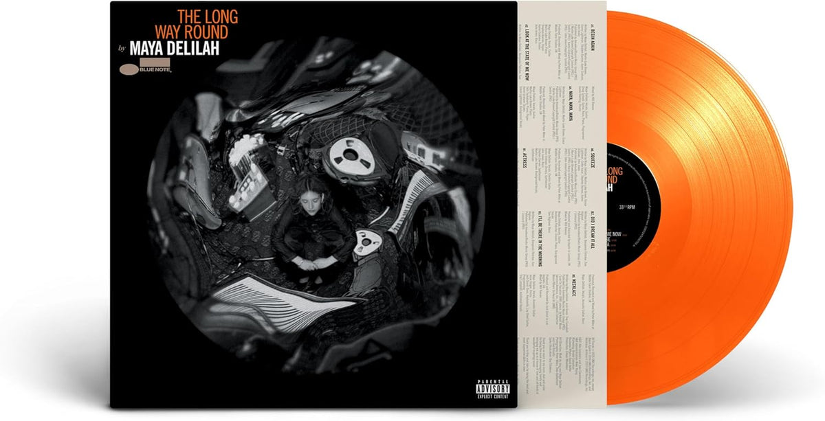 Vinyl record sleeve and bright orange disc for Maya Delilah's The Long Way Round.