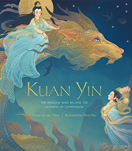Illustration of Kuan Yin seated on a golden dragon, with a small inset portrait.