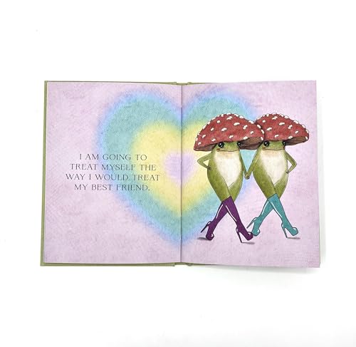 Two frogs wearing mushroom hats and high-heeled boots stand before a rainbow heart background.