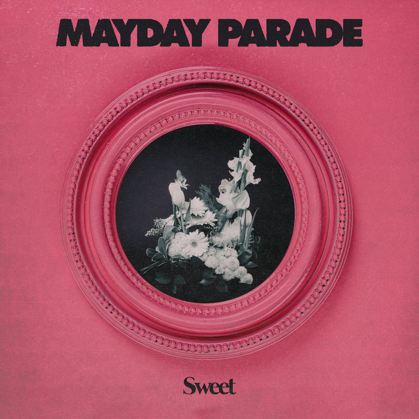 Mayday Parade’s “Sweet” vinyl album cover: pink background, floral arrangement in frame.