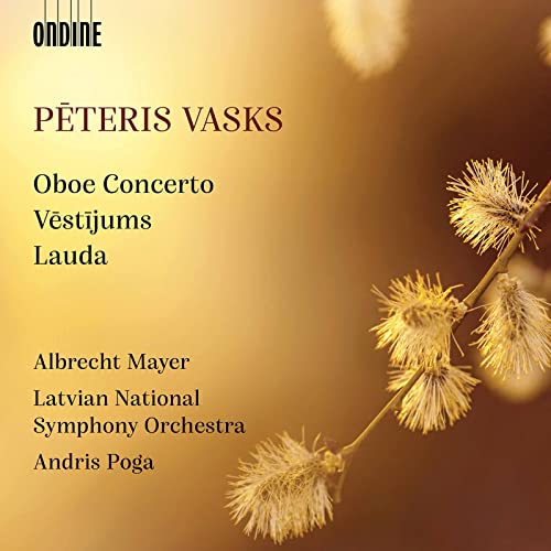 CD cover for Pēteris Vasks featuring text and a pussy willow branch against gold.
