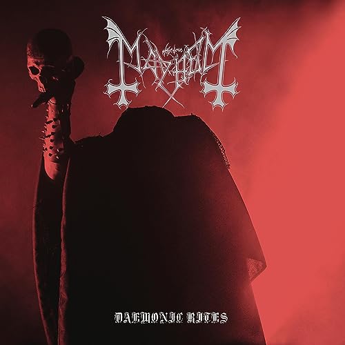 Mayhem album cover: skull, dark figure, and band logo on red background.