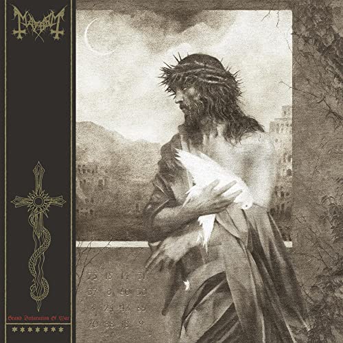 Mayhem album cover: grayscale image of a crowned, suffering figure with a dove.
