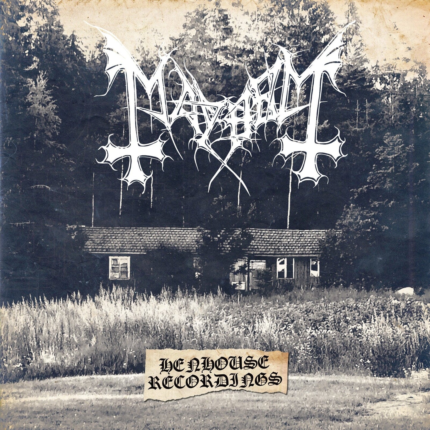 Black and white album cover for Mayhem, featuring a rural cabin and band logo.