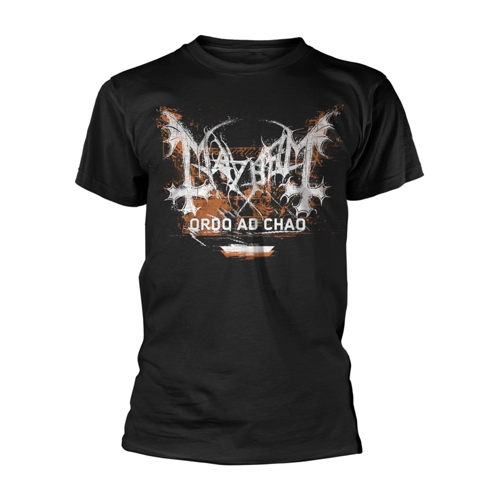 Black t-shirt with white and orange "MAYHEM - ORDO AD CHAO" graphic.