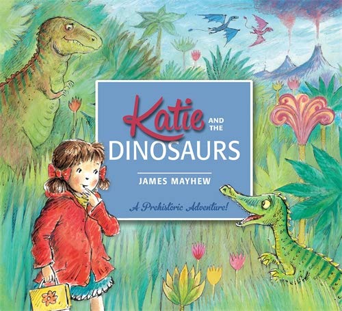 Girl in red coat with dinosaurs in a lush, prehistoric landscape.