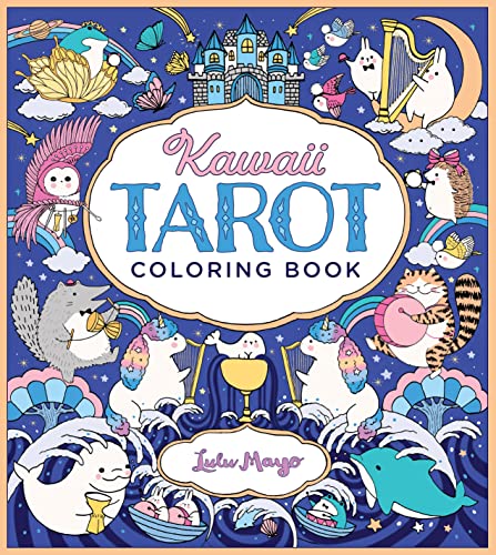 Kawaii tarot coloring book cover with cute animals and mystical imagery.