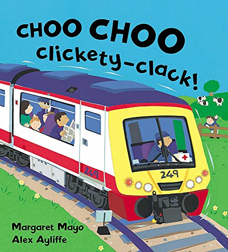 Colorful illustration of a passenger train with people inside, on tracks.