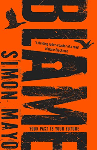 Book cover: "Blame" by Simon Mayo, orange and black textured design.