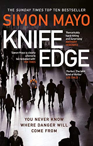 Book cover for "Knife Edge" by Simon Mayo, with a blurred city scene.