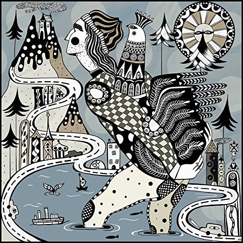 Stylized illustration of a person carrying a bird against a surreal mountain and cityscape.