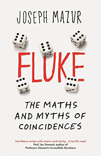 Book cover with red title "Fluke" and scattered white dice.