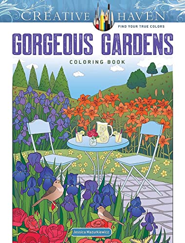 Coloring book cover with a garden scene, birds, and table setting.