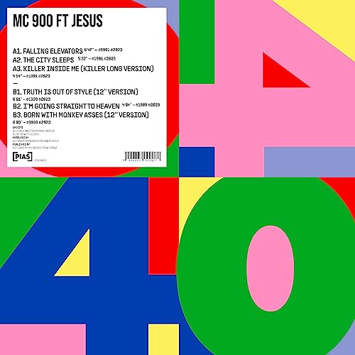 Vinyl record cover with colorful geometric design and tracklist details.