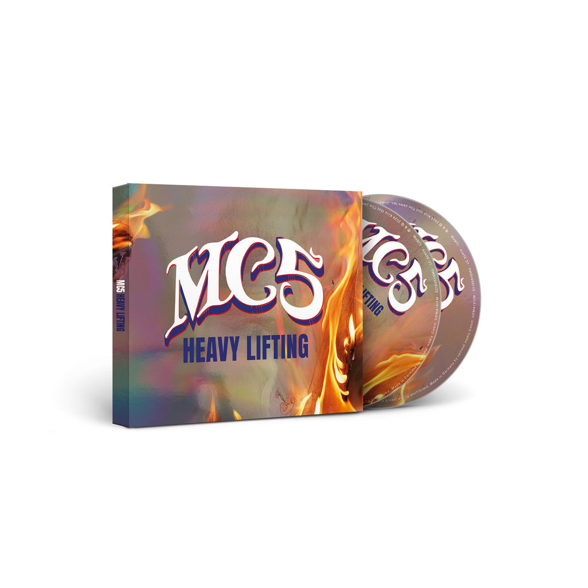 MC5 "Heavy Lifting" CD case with fiery graphic and bold lettering.