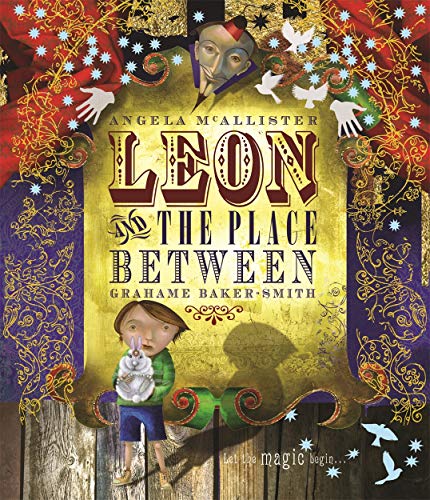 Book cover: boy with rabbit, magician above, ornate gold and red design.