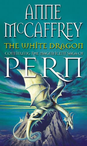 Book cover showing a rider on a white dragon flying over a mountain peak.