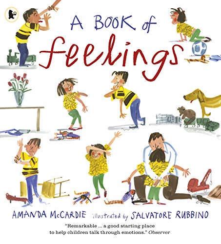 Book cover showing children in yellow shirts expressing various emotions amidst toys and furniture.