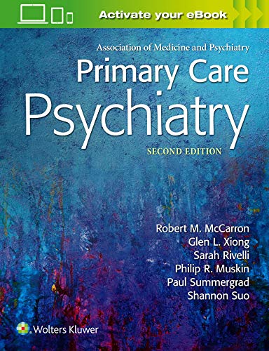 Book cover for "Primary Care Psychiatry," second edition, blue textured background.