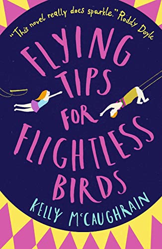 Book cover with pink text, two trapeze artists, and a yellow and pink background.
