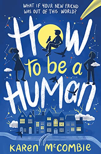 Book cover with children silhouettes, a yellow moon, and a town against a starry sky.