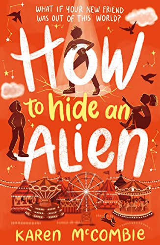 Book cover: children with an alien, fairground, orange and white design.