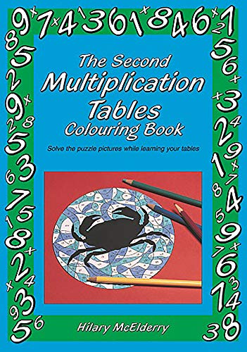 Colouring book cover with multiplication problems and a crab puzzle image.