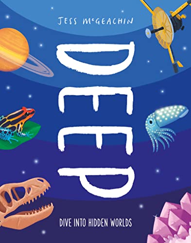 Book cover with illustrated animals, planets, and the title "DEEP".
