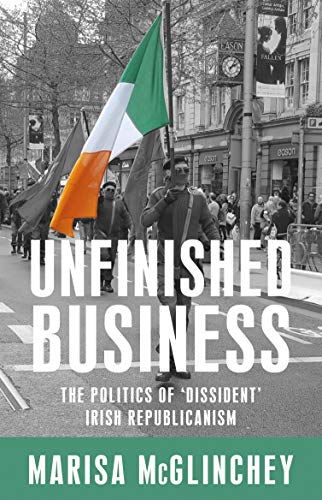 Book cover with a marcher holding an Irish flag in a city street.